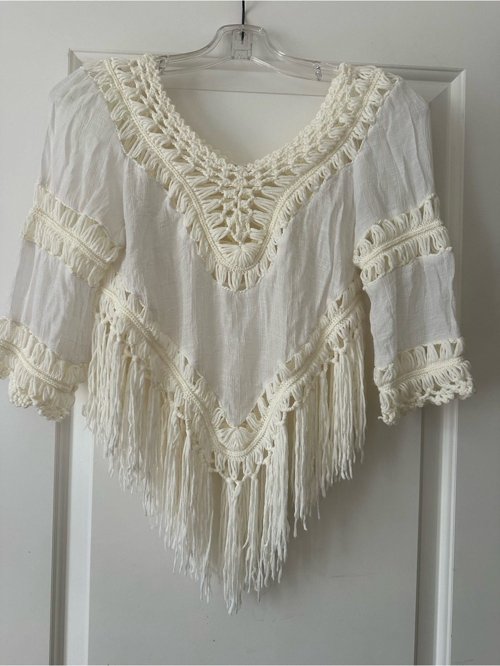 Rebellion Crochet Fringe V-Neck Top in Cream